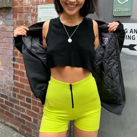 neon biker shorts with black zipper in front - Picture 2 of 5